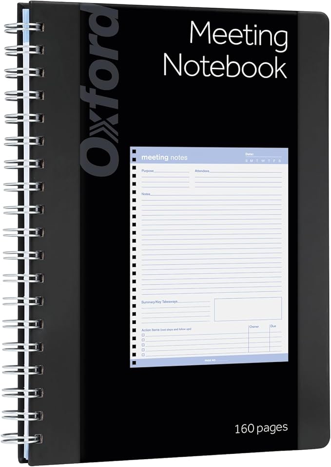 Oxford Meeting Notebook, Undated, Customizable Work Notes, Spiral Bound, Black Cover, Heavyweight 32 lb. White Paper, 7.5" x 10", 160 Pages (63830) by Oxford