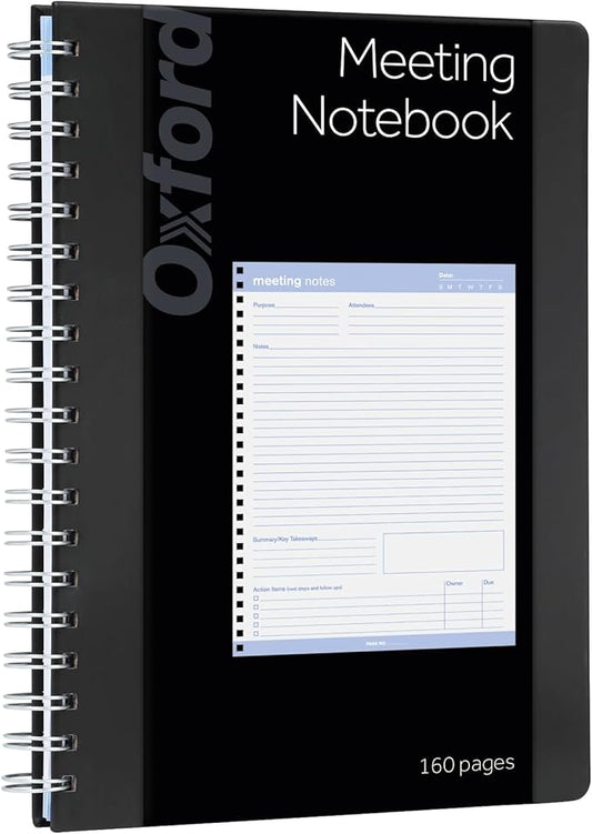 Oxford Meeting Notebook, Undated, Customizable Work Notes, Spiral Bound, Black Cover, Heavyweight 32 lb. White Paper, 7.5" x 10", 160 Pages (63830) by Oxford