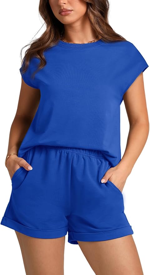 WIHOLL 2 Piece Sets for Women Casual Summer Travel Vacation Outfits Cap Sleeve Shorts Lounge Set - Image 2