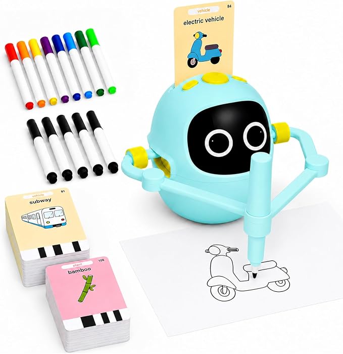 Kikapabi Drawing Robot Toys for Kids, 220 Flash Cards Gift for 3-8 Years Old Boys Girls, Montessori Doodle Art Painting with Voice Interactive for Beginners, Birthday (Blue) by KIKAPABIToys