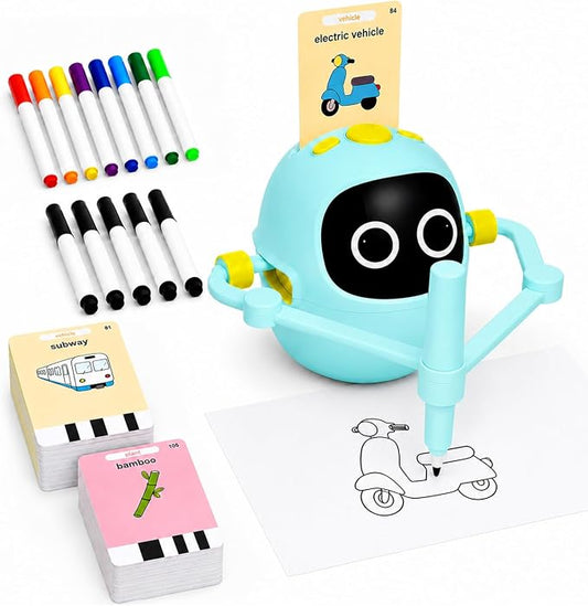Kikapabi Drawing Robot Toys for Kids, 220 Flash Cards Gift for 3-8 Years Old Boys Girls, Montessori Doodle Art Painting with Voice Interactive for Beginners, Birthday (Blue) by KIKAPABIToys