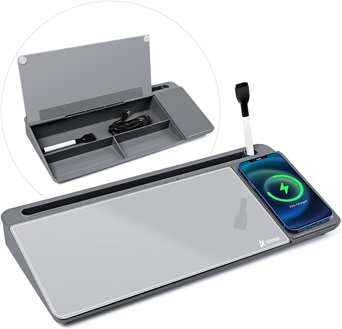Varhomax Glass Desk Whiteboard with Wireless Charger, Desktop Dry Erase White Board with Storage, to Do List Memo Notepad for Home and Office (Gray) by Varhomax