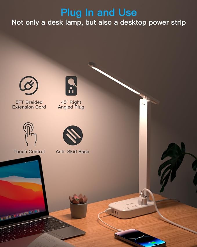 One Beat Small LED Desk Lamp Power Strip 5ft Extension Cord with 3 Outlets 4 USB Ports(2 USB C), 4 Modes, 5 Level Touch Lamp Study Reading Light, Home Office Bedroom College Dorm Room Essentials,White | One Beat 4 Modes 5 Level Brightness Touch Lamp, S... - Image 4