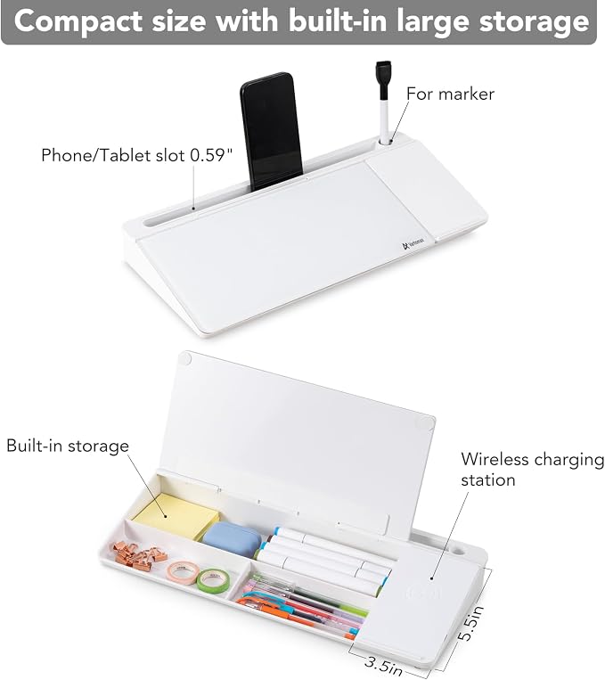 Varhomax Glass Desk Whiteboard with Wireless Charger, Desktop Dry Erase White Board with Storage, to Do List Memo Notepad for Home and Office - Image 6