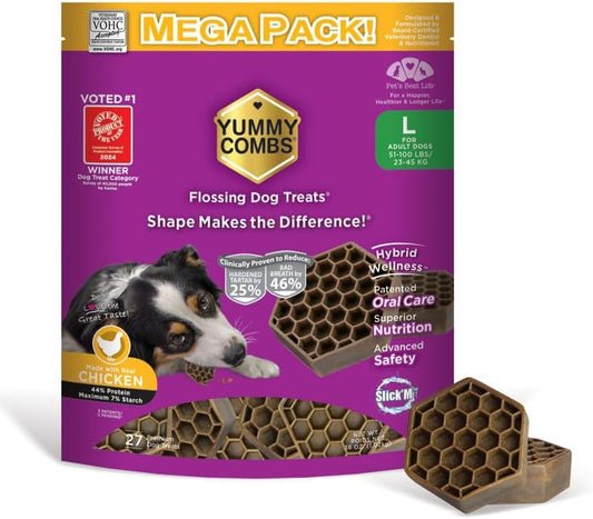 Yummy Combs Dog Dental Treats – Vet VOHC Approved – Delicious Chicken Protein – Removes Tartar with Cleaning Comb Shape – Dental Dog Treats for Large Dogs (36oz, 27 Count) by YummyCombsDogDentalTreats
