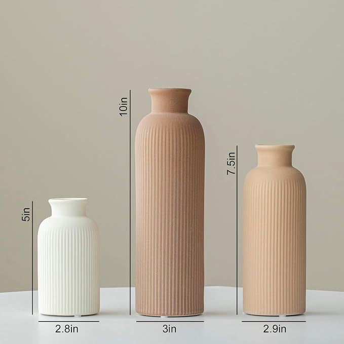 Modern Ceramic Vase Set, Earth Tone Natural Color Ribbed Matte Design, 3-Piece Decorative Vases for Home, Living Room, Office (Coffee Mix) - Image 9