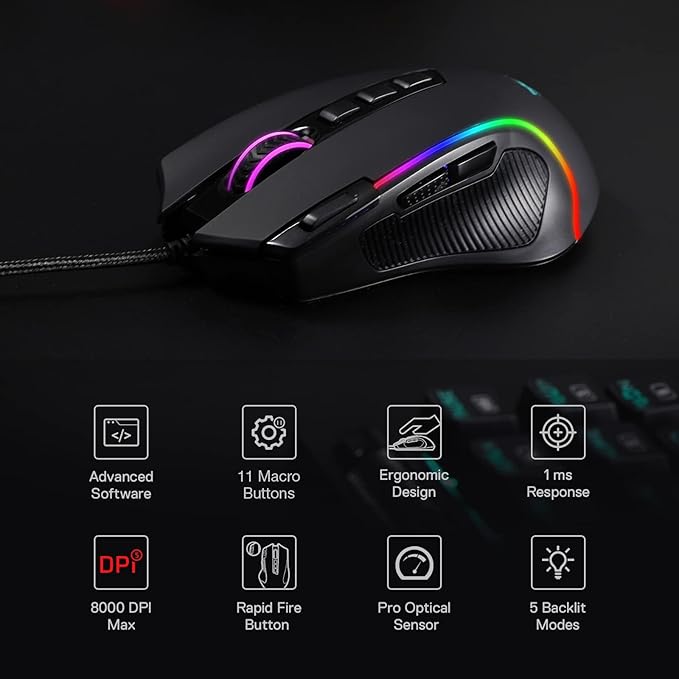 Redragon M612 Wired RGB Optical Gaming Mouse 8000 DPI Remapping Keys | Stable Lag-Free Connection, Redefine Keybinding Macro, Vibing Backlight, Ergonomic Grip Body Comfort - Image 3
