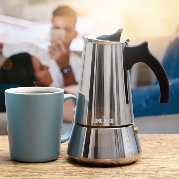 London Sip Stainless Steel Stovetop Espresso Maker Moka Pot Italian Coffee Percolator, Silver, 6 Espresso Cups - Image 9