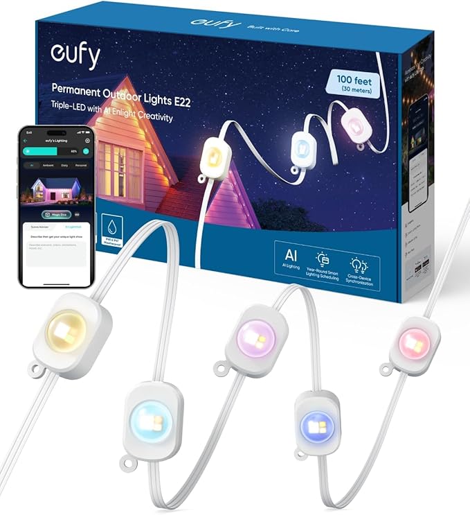 eufy Permanent Outdoor Lights E22, 50ft with 30 Triple-LED Lights, Smart RGBWW for Christmas, Daily and Holiday, Up to IP67 Waterproof, AI Light Themes for Christmas Decorations, Works with eufy Cams by Unknown