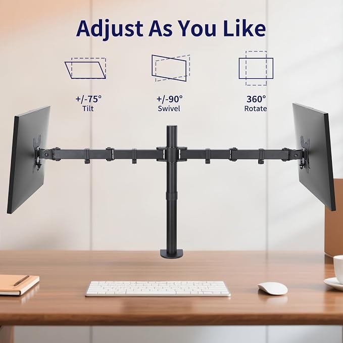 Black Dual Monitor Arm Mount for 13-27 Inch Screens | Ultrawide Screens Up to 34 inch Fully Adjustable Stand with C-Clamp/Grommet Base Max VESA 100x100 Each Screen Capacity 22lbs - Image 2