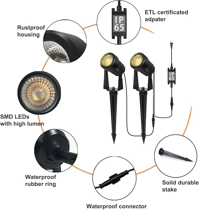 SUNTHIN Outdoor Landscape Lighting, 12 Pack LED Spot Lights Kit, Warm White | IP65 Waterproof, Extendable, Connects up to 20 lamp heads, for Garden, Yard, House, Lawn, Tree, Flags, Fence Use - Image 3