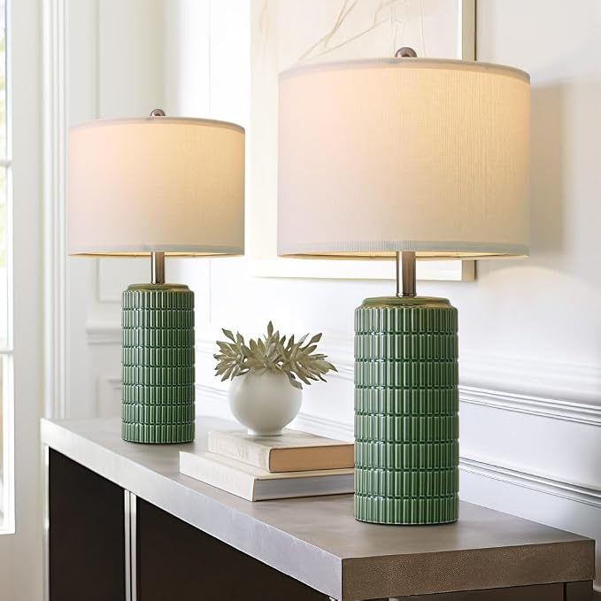 PoKat 24" Modern Ceramic Table Lamps Set of 2 for Bedroom, Green Bedside Lamps for Night Stands, Farmhouse House Decor Nightstand Table Lamps for Living Room End Table Green - Image 3