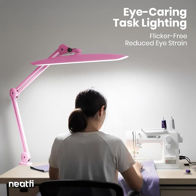 Neatfi XL 2200 Lumens 24W LED Desk Lamp – Shadow-Free Task Lighting | 4-Level Dimming | Home Office & Crafts Use | 20-Inch Wide Head (Pink, Non-CCT with Clamp) - Image 3
