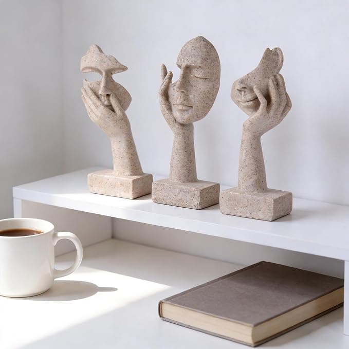3 Pcs Thinker Statue - Resin Art Abstract Home Accent Figurines for Decor Apartment Bookshelf Floating Shelf Living Room Coffee Table Office Desk Counter Decor (3 Pcs Sandstone, 6") - Image 7