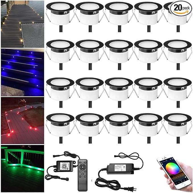 LED Deck Light Kit, 20pcs Φ1.77 WiFi Wireless Smart Phone Control Low Voltage Recessed RGBW Deck Lights with Remote, Voice Control, IP67 Waterproof Outdoor Path Stair Landscape Lighting, Black by Sumaote