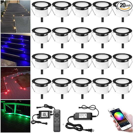 LED Deck Light Kit, 20pcs Φ1.77 WiFi Wireless Smart Phone Control Low Voltage Recessed RGBW Deck Lights with Remote, Voice Control, IP67 Waterproof Outdoor Path Stair Landscape Lighting, Black by Sumaote