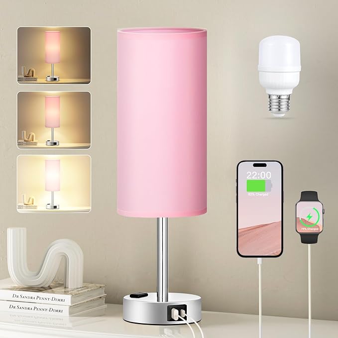 Fenmzee Pink Lamp for Bedroom Nightstand - 3 Way Dimmable Touch Table Lamp USB C Charging Ports, Small Lamp with AC Outlet for Desk Girls Room, LED Bulb Included by Fenmzeelighting