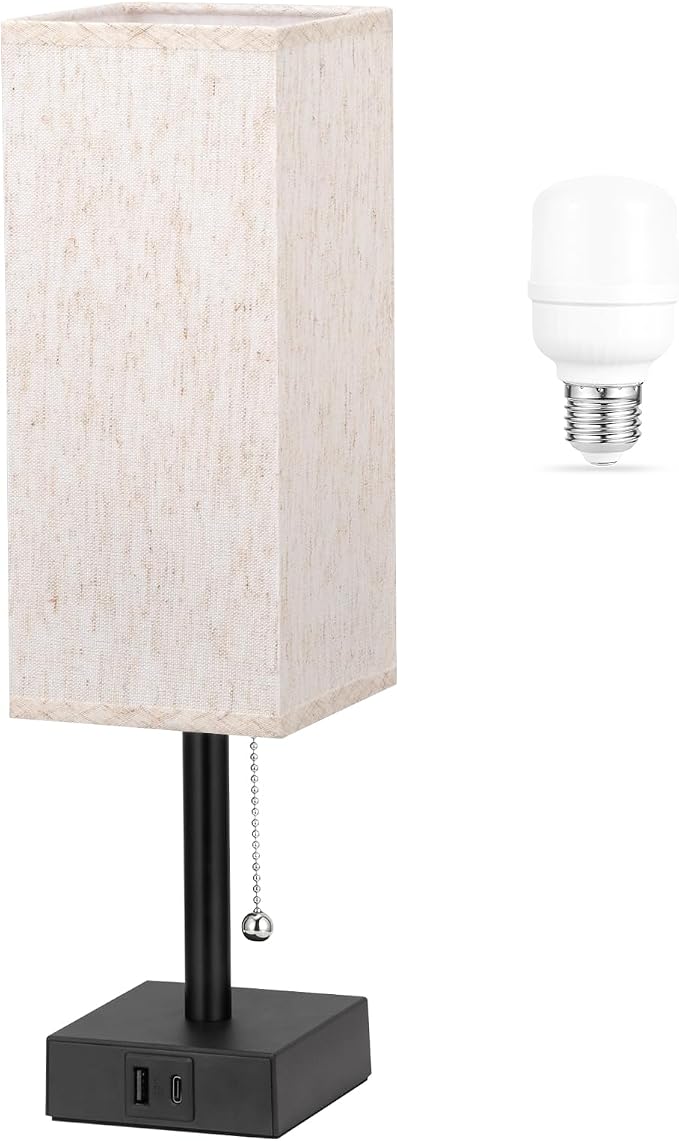 aooshine Pull Chain Small Table Lamp - 3 Color Temperature Bedside Lamp for Bedroom with USB Port, Minimalist Nightstand Lamp with Black Base, Desk Lamp for Kids Room Dorm, Bulb Included | Pull Chain Switch, LED Bulb Included, Cream Fabric Shade, 14.7"... - Image 2