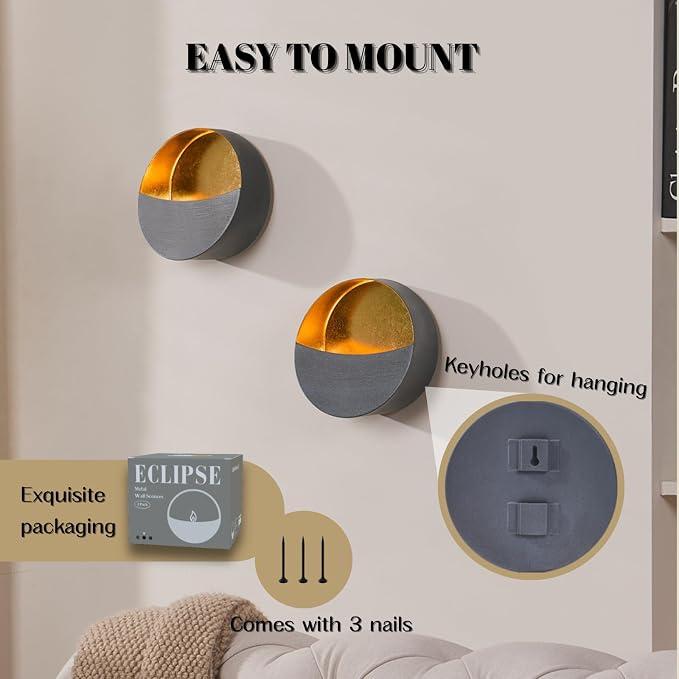 Eclipse Candle Sconces Set of 2, Wall Candle Holders with Gold Interior | Modern Gray Metallic Wall Candlestick Holders with Golden Foil Christmas Decor for Living Room, Bedroom, or Farmhouse Decor - Image 7
