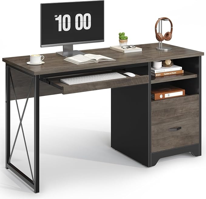 Bestier 47" Office Desk with Drawers, Industrial Computer Desk with Drawer, Reversible Teacher Desk with Storage & Keyboard Tray for Small Space Home Office & Studio, Gray Wash | 47 Inch Desktop With File Drawer, Open Storage, Keyboard Tray And Reversi... - Image 9