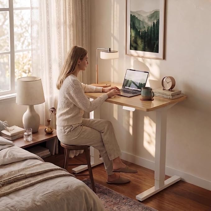 HUANUO 48x24 Inch Electric Standing Desk, Height Adjustable, Natural | Smooth Home Office Desk, 176lbs Capacity with 4 Memory Presets & Headphone Hooks. Easy to assemble Computer Gaming desk - Image 9