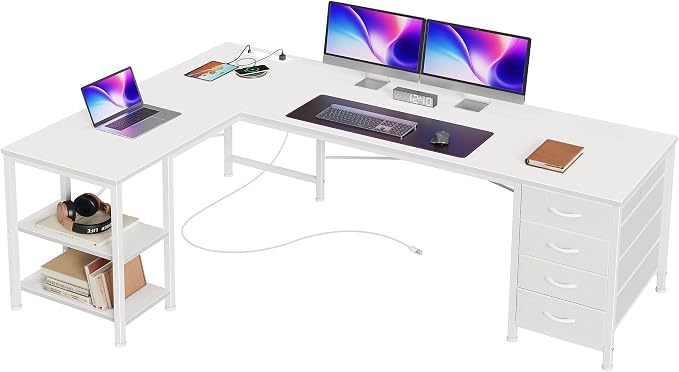 Huuger 55 Inch L Shaped Desk with Fabric Drawers, Reversible Computer Gaming Desk with Power Outlets and USB-C Port, Adjustable Side Storage Shelves, for Work Corner Home Office, White by Huuger