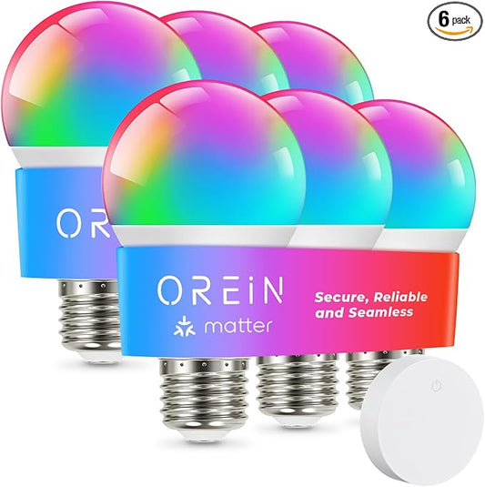 OREiN Matter Smart Light Bulb, Smart Light Bulbs with Remote Control Work with Apple Home, Alexa, Google Home, SmartThings, Color Changing Light Bulbs 2.4Ghz WiFi, 800 Lumens Equivalent 60W 6Pack by OREiN