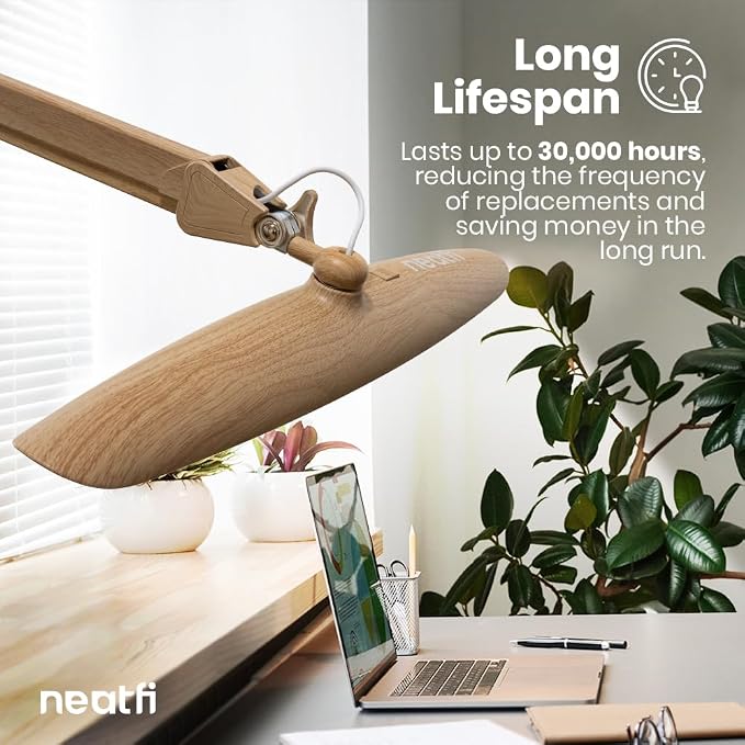 Neatfi XL 2200 Lumens 24W LED Desk Lamp – Shadow-Free Task Lighting | 4-Level Dimming | Home Office & Crafts Use | 20-Inch Wide Head (Brown Wood, Non-CCT with Clamp) - Image 3