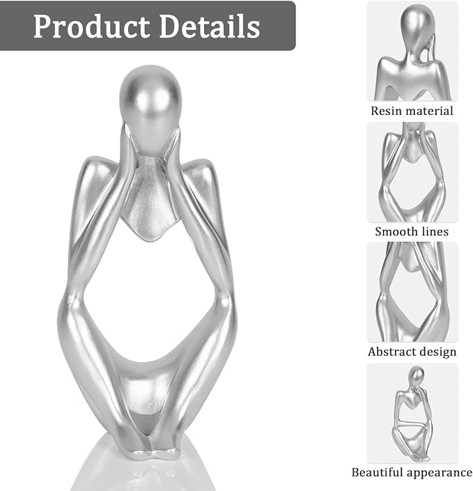 Sandstone Resin Thinker Style Abstract Sculpture Statue Collectible Figurines Home Office Bookshelf Desktop Decor (Small Silver, Focus) - Image 4
