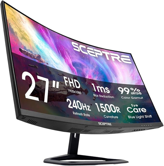 Sceptre 27-Inch Curved Gaming Monitor, FHD 1080p, 240Hz, 1500R, DisplayPort & HDMI x2, Built-in Speakers, Machine Black (C275B-FWT240 Series, 2026) by SceptreInc
