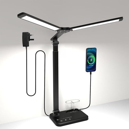Woputne LED Desk Lamp Dual Heads, Dual USB Port, Height Adjustable, 15W | 5 Light Modes & Dimmable Brightness,Desk Lamps for Home Office Bedside Lamp for Reading, Craft, Work, Study (Black) by Woputne