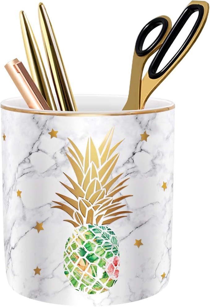 Large Capacity Colored Pencil Holder for Desk, Pineapple Pen Cup Holder, Pretty Office Accessories for Girls Women, Ceramic Organizers, Makeup Brush Holder for Home, Green Pineapple by WAVEYU
