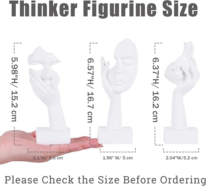 3 Pcs Thinker Small Statue Set - White Art Abstract Home Accent Figurines for Decor Woman Apartment Bookshelf Floating Shelf Coffee Table Office Desk Bathroom Counter Decor (3 Pcs White, 6") - Image 3