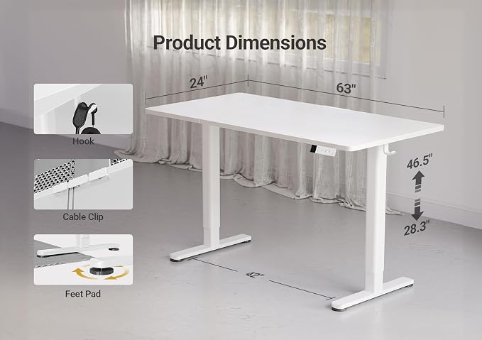 YDN 63 x 24 Inch White Electric Standing Desk | Adjustable Height, Sit Stand, Cable Management, Ergonomic, Home Office - Image 3
