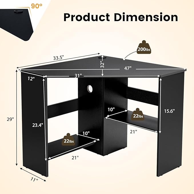 GOFLAME Corner Desk with Storage Shelves, Triangular Computer Desk with Cable Management Holes, Laptop Workstation for Small Space, Makeup Vanity Desk for Living Room, Study, Black - Image 3