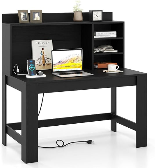 Giantex Computer Desk with Hutch, Modern Home Office Desk with Power Outlets, Storage Shelves & Cable Hole, Makeup Vanity Table, Study Writing Desk for Bedroom Office Small Space (Black) by Giantex