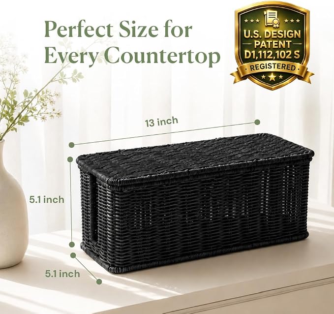 Cable Management Box, Handmade Rattan Cable Organizer with 2 Open Slots, Cord Hider for Power Strip, Router & USB Hub, Registered U.S. Design Patent (D1,112,102), 13" x 5.1" x 5.1", Black - Image 2