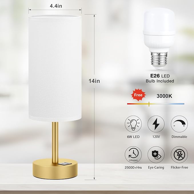 Dicoool Bedside Table Lamp for Bedroom - 3-Way Dimmable Touch Lamp, USB A+C | LED Bulb Included, 14" Small Nightstand Lamp for Desk, Living Room, Guest Room, White Fabric Lampshade, Gold Metal Base - Image 5