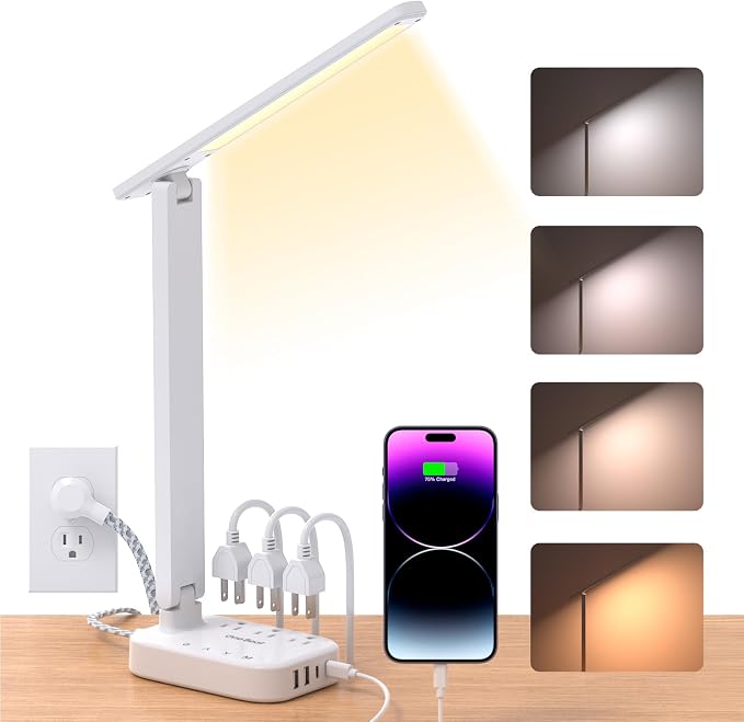 One Beat Small LED Desk Lamp Power Strip 5ft Extension Cord with 3 Outlets 4 USB Ports(2 USB C), 4 Modes, 5 Level Touch Lamp Study Reading Light, Home Office Bedroom College Dorm Room Essentials,White | One Beat 4 Modes 5 Level Brightness Touch Lamp, S... by OneBeat