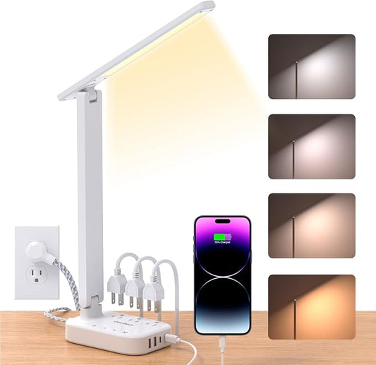 One Beat Small LED Desk Lamp Power Strip 5ft Extension Cord with 3 Outlets 4 USB Ports(2 USB C), 4 Modes, 5 Level Touch Lamp Study Reading Light, Home Office Bedroom College Dorm Room Essentials,White | One Beat 4 Modes 5 Level Brightness Touch Lamp, S... by OneBeat