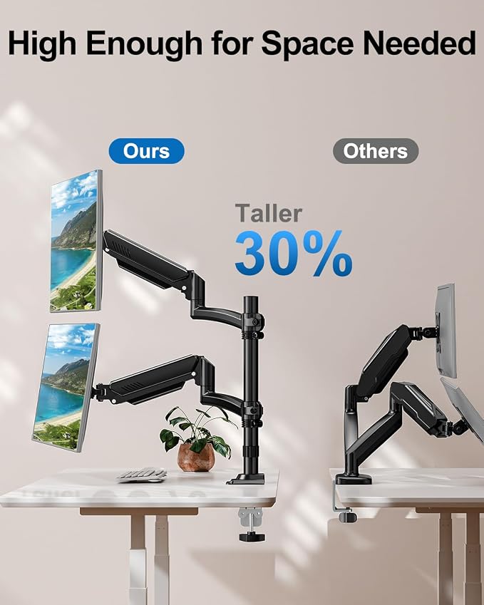 Dual Monitor Stand for Computer Screen up to 32", Holds 22 lbs Each | Taller Monitor Arms Desk Mount, Height Adjustable Gas Spring VESA Mount with C-clamp Grommet Mounting, Black, Freelift - Image 4