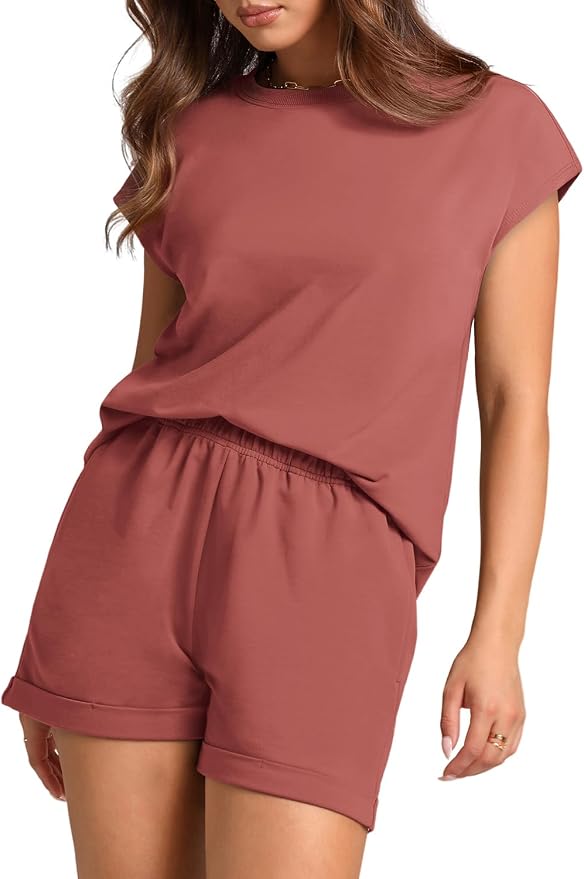 WIHOLL 2 Piece Sets for Women Casual Summer Travel Vacation Outfits Cap Sleeve Shorts Lounge Set - Image 3