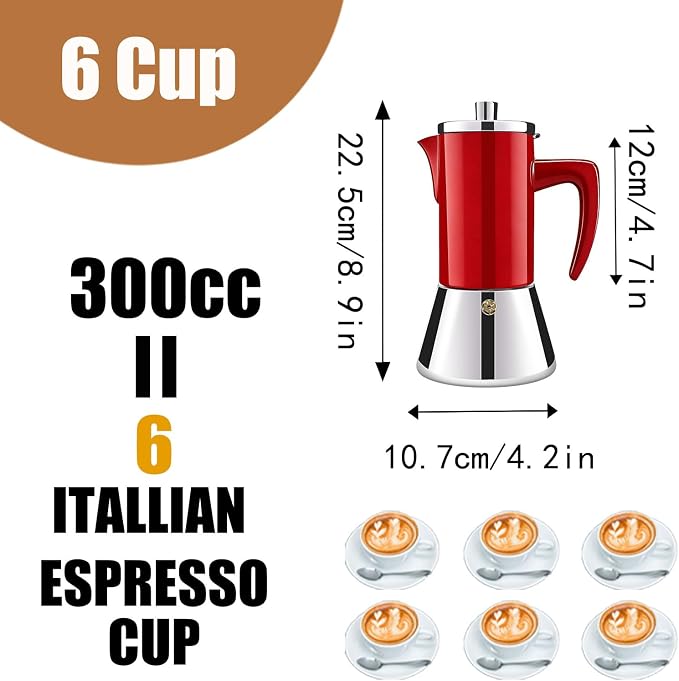 6 Cup Thickened 304 Stainless Steel Moka Pot Stovetop Espresso Maker Cafeteras Italian Percolator Espress Makers Capable Greca Mocha Coffee Machine for Induction Home and Camping 300ml 10oz - Image 2