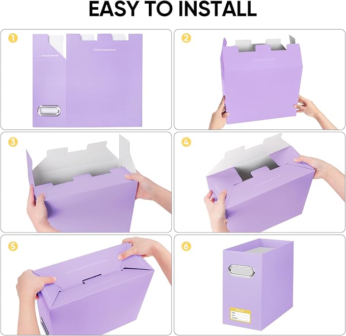BALEINE File Organizer Box, Cardboard File Folder Organizer with Handle for Letter Size, Portable Collapsible Hanging Filing Box for Home Office Document Storage (2 Pack, Lavender) - Image 6
