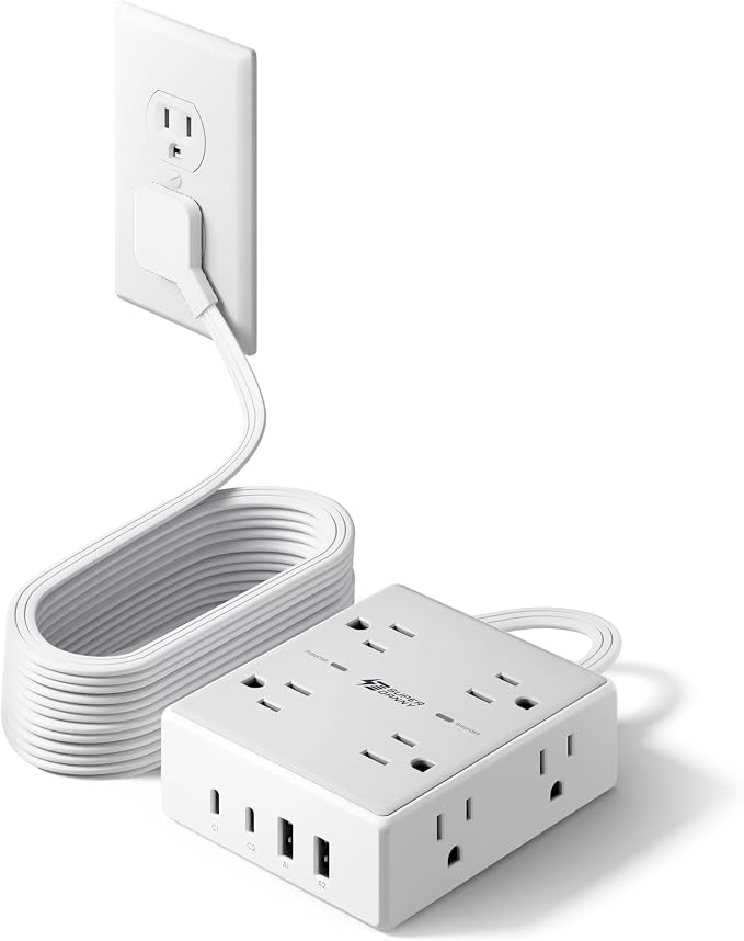 SUPERDANNY Extension Cord,Flat Plug Surge Protector Power Strip,15Ft | 8 AC & 4 USB Ports (2 USB C),Surge Protector with 1050J,Desk Charging Station for Home Office,College Dorm Room Essentials by SUPERDANNY