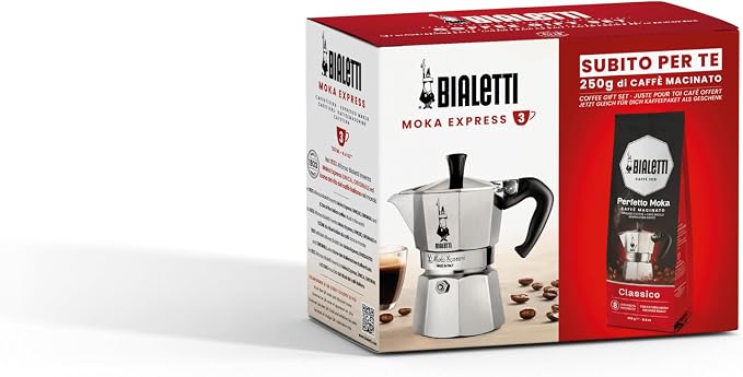 Bialetti 3 Cup Moka Pot and Ground Coffee Bundle 8.8 oz Bag - Italian Medium Roast Rich Barista Style Grounds with a Small Stovetop Espresso Maker Home Brewing Café Kitchen Appliance for Daily Use by Bialetti