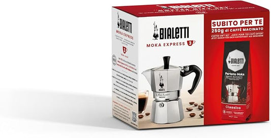 Bialetti 3 Cup Moka Pot and Ground Coffee Bundle 8.8 oz Bag - Italian Medium Roast Rich Barista Style Grounds with a Small Stovetop Espresso Maker Home Brewing Café Kitchen Appliance for Daily Use by Bialetti