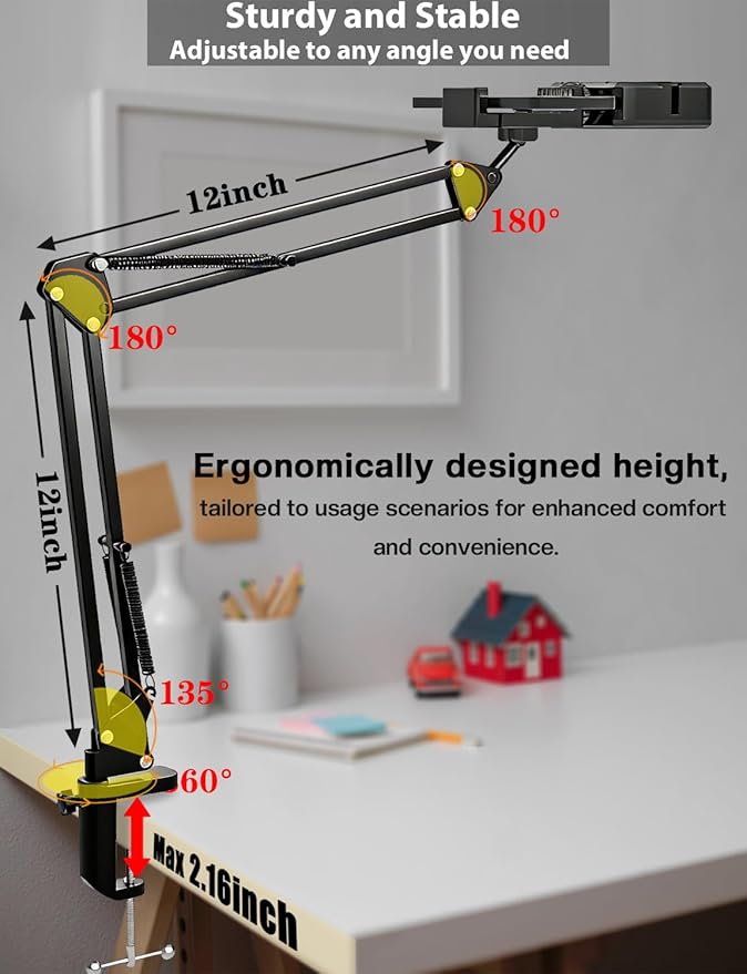Overhead Phone Mount, Articulating Arm Cell Phone Holder with LED Light, Flexible Phone Stand for Live Streaming, Video Recording, Painting Lighting, Cooking - Image 6