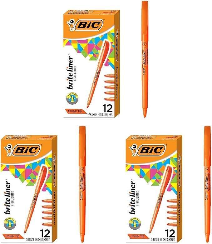 BIC Brite Liner Highlighters, Chisel Tip, 12-Count Pack of Orange Highlighters, Ideal Highlighter Set for Organizing and Coloring (Pack of 3) by BIC