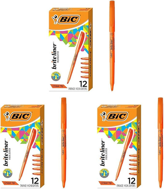 BIC Brite Liner Highlighters, Chisel Tip, 12-Count Pack of Orange Highlighters, Ideal Highlighter Set for Organizing and Coloring (Pack of 3) by BIC